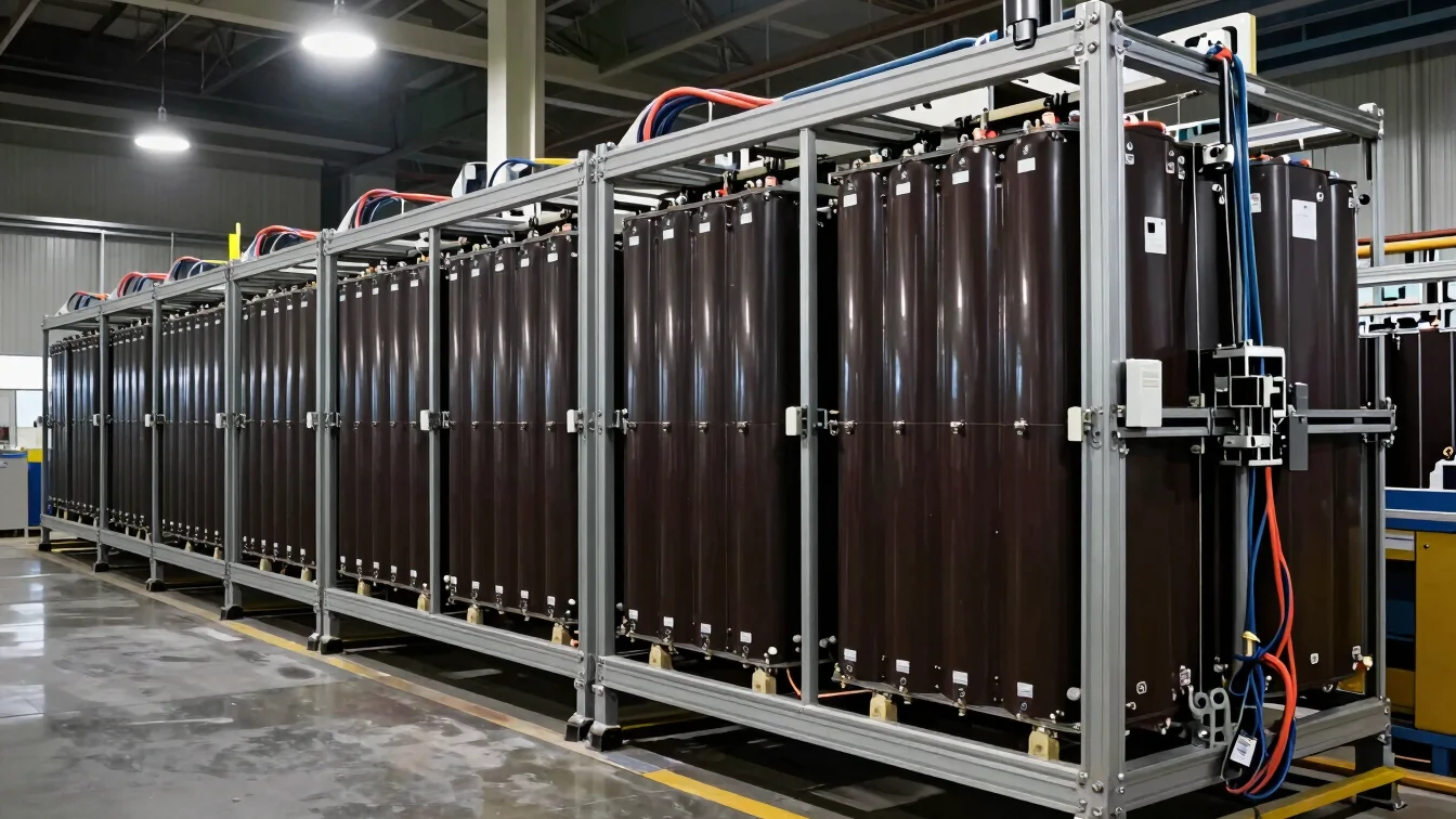 Industrial lithium energy storage container installation, clean cabling, modern facility lighting, rack-mounted battery