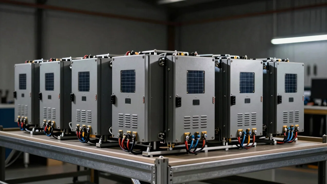 Solar energy inverter setup with compact lithium battery banks, crisp metallic housing, professional wiring