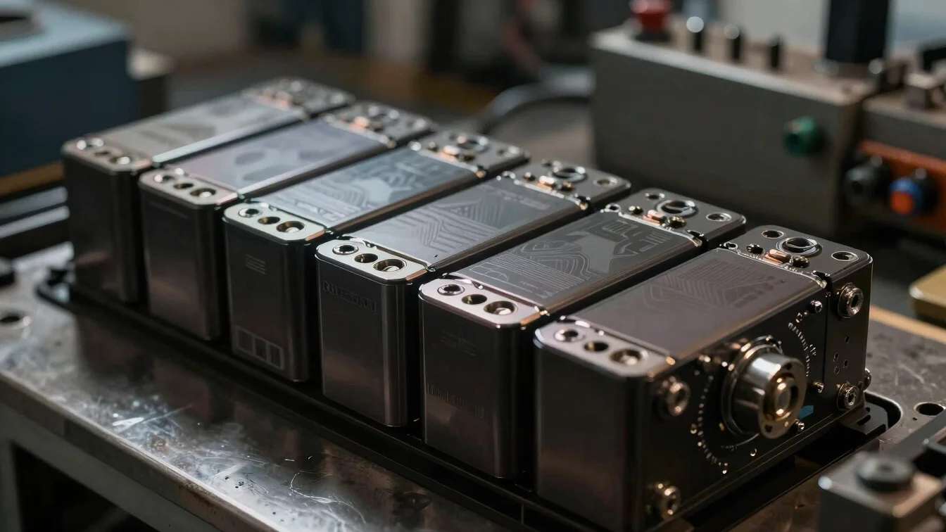 Custom lithium battery pack module with precision laser-welded busbars, high-contrast engineering detail, workshop light