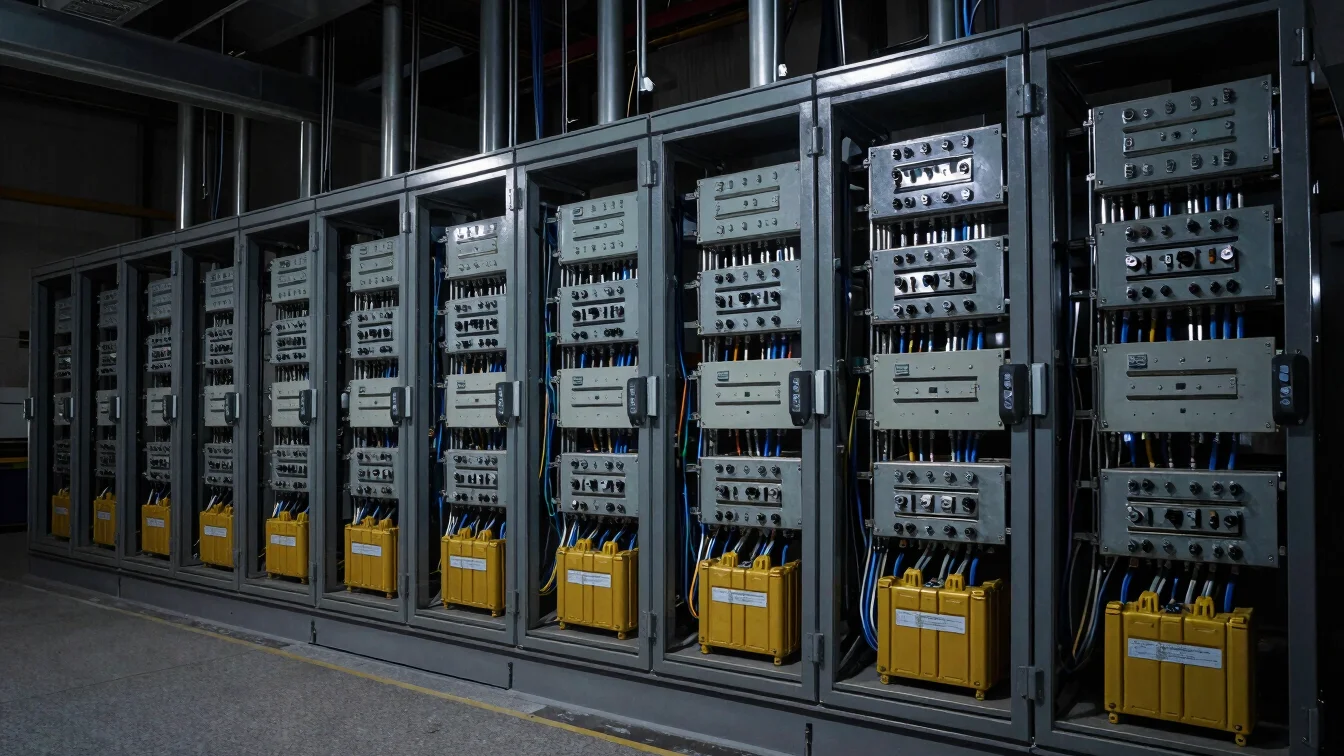 Telecommunication backup power room, sleek electrical enclosures, organized cabling, industrial-grade lithium packs