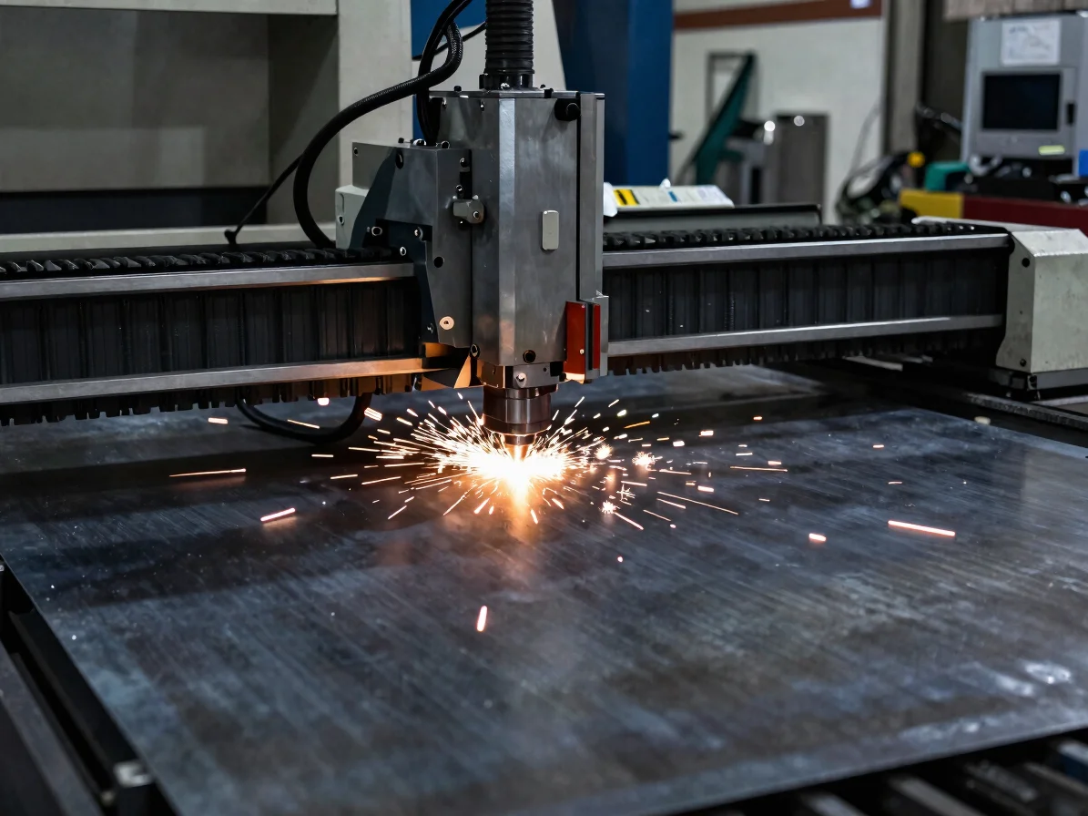 Automated CNC laser cutting machine cutting steel sheet with bright sparks and precise industrial lighting.