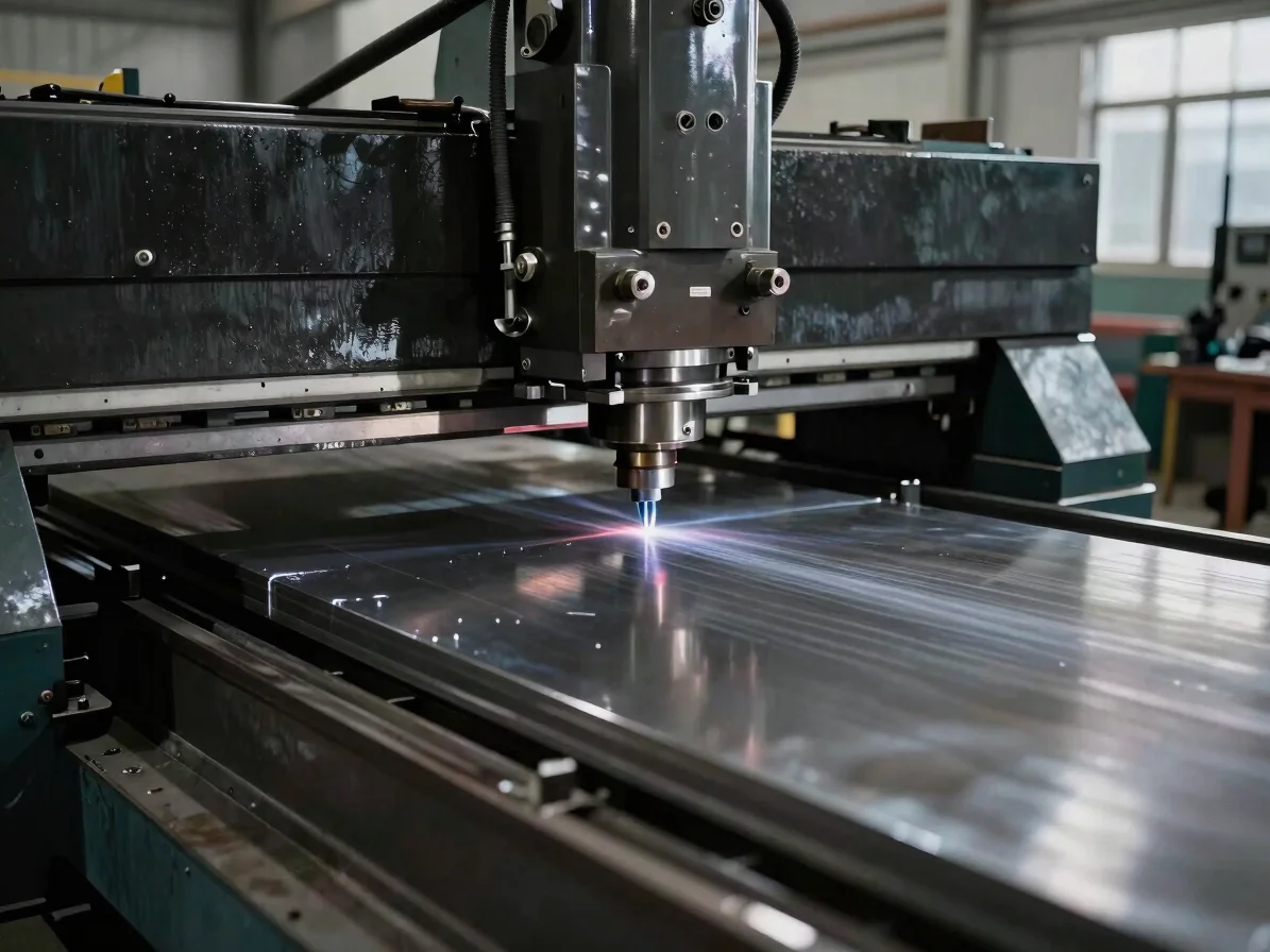 Close-up of CNC press brake bending metal sheet in a modern heavy-duty manufacturing shop floor.
