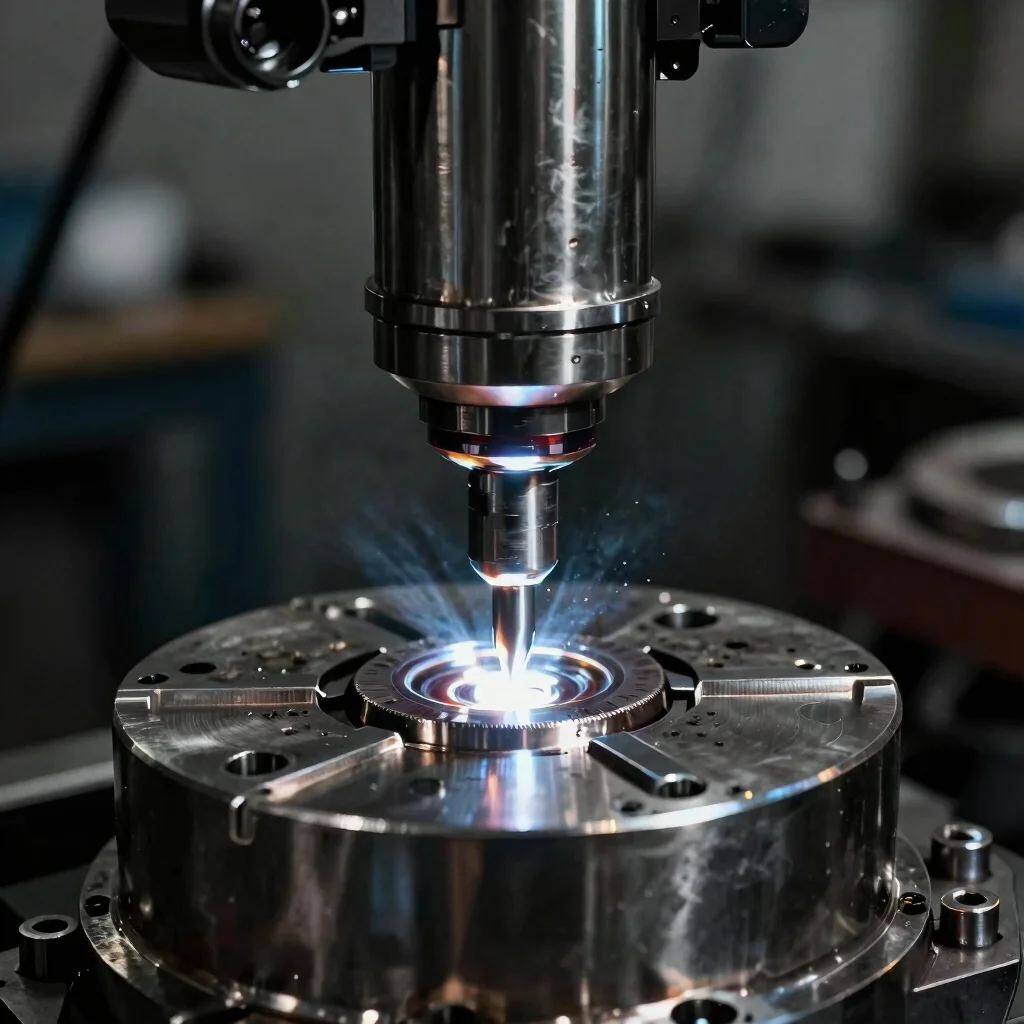 High-contrast close-up of precision micro-welds on a stainless steel industrial component assembly.