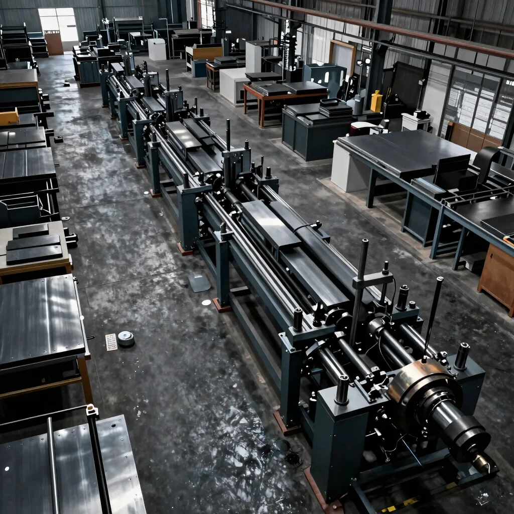 Overhead view of a modern Pune fabrication shop floor with organized sheet metal parts and processing rigs.