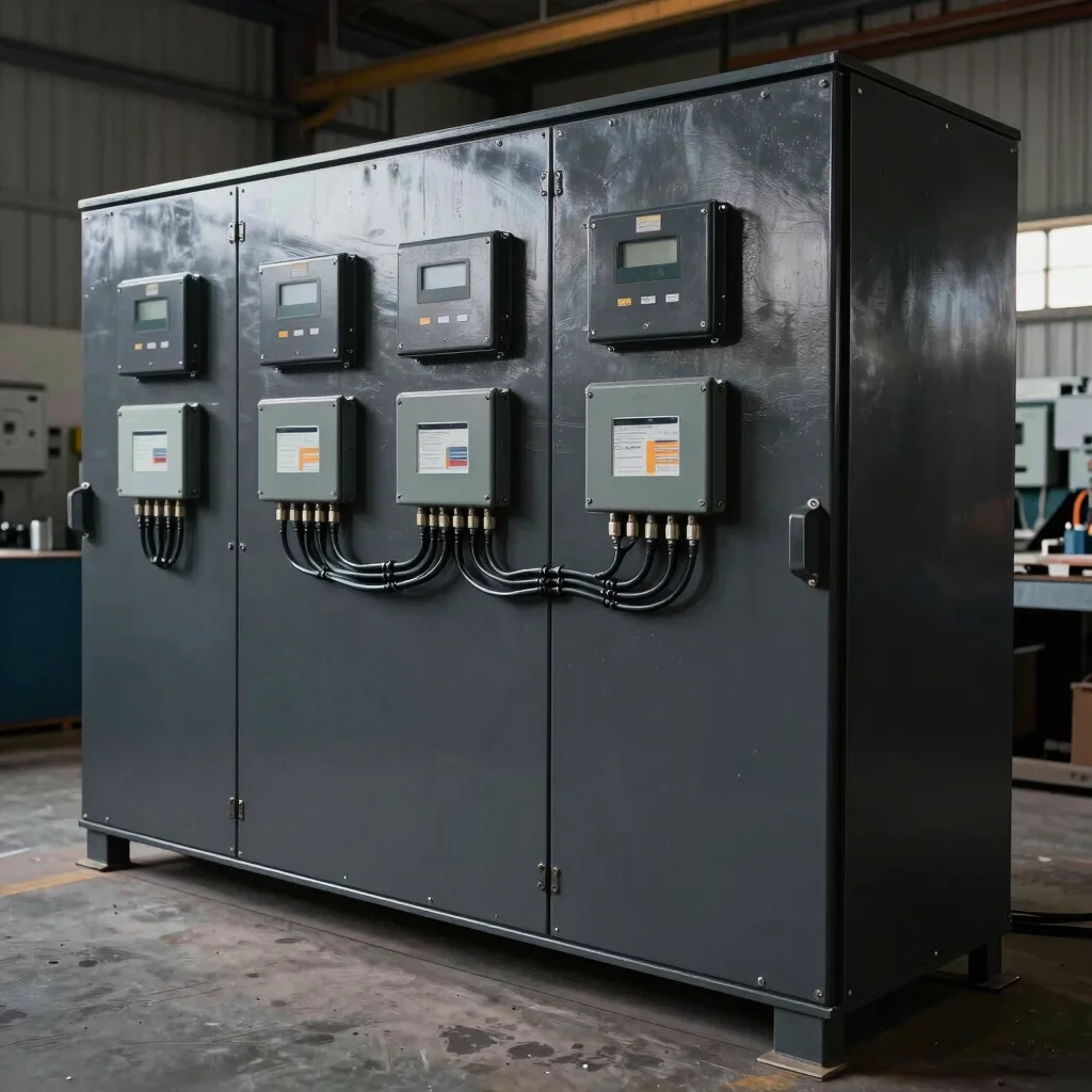 Finished industrial metal electrical control enclosure with crisp charcoal finish and clean wiring layout.